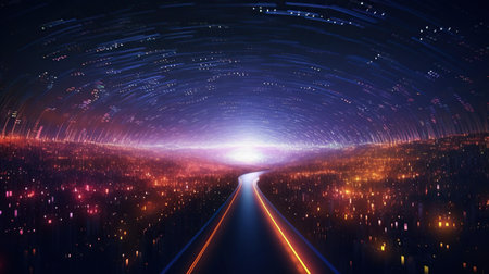 travel through an abstract spacecraft and colorful lights of the night sky. Generative AIの素材
