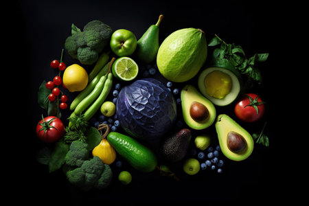 a group of vegetables on a dark surface. Generative AIの素材