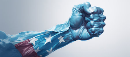 A hand painted in the colors of the US flag clenched in a fist on a blue background, symbolizing strength and patriotism.の素材