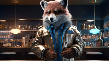 An anthropomorphic fox in a gold jacket stands behind a bar counter with various drinks in the background.の素材