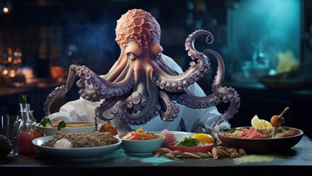 An anthropomorphic octopus in a chef's hat sits at a table surrounded by a variety of dishes.の素材