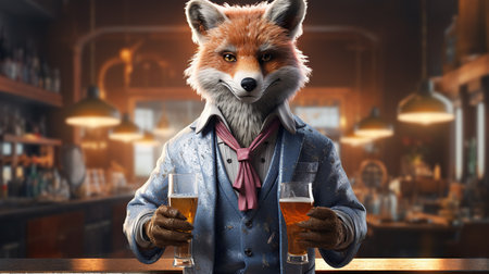 A fox in a blazer stands behind a bar counter, holding two glasses of beer.の素材