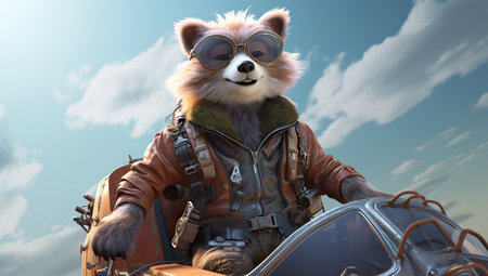 A fox in glasses and a leather jacket leaning on a motorcycle handlebar against a sky and clouds backdrop.の素材