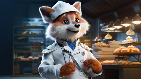 An anthropomorphic fox in a hat and coat smiles while standing in a bakery with pastries in the background.の素材