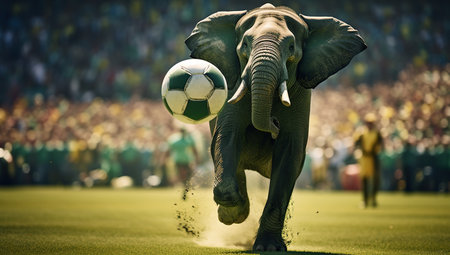 An elephant plays soccer, hitting the ball with its trunk on a stadium in front of a massive crowd.の素材