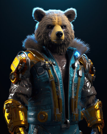A bear in a blue space suit with yellow details and robotic hands on a dark background.の素材