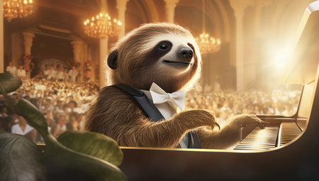 A sloth in a tuxedo playing piano in front of an audience in a concert hall.の素材