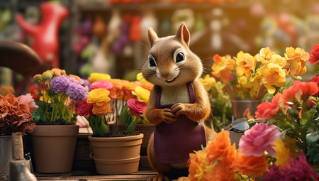 An anthropomorphic squirrel in a purple apron stands among flower pots with flowers of various shades.の素材