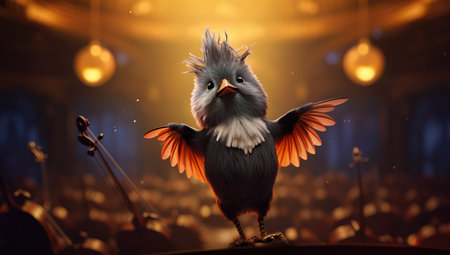 A bird with outspread wings stands on stage with a microphone, an audience before it in a concert hall.の素材