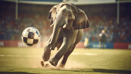 An elephant plays soccer, hitting the ball with its trunk on a stadium in front of a massive crowd.の素材