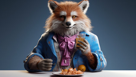 A fox in a blue jacket with a bow tie holding a glass of juice and a plate with cookies and fruits on a blue background.の素材