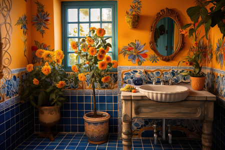 A bathroom with orange walls, blue tiles, a blue rug, a vase with yellow flowers, and a mirror with a golden frame.の素材