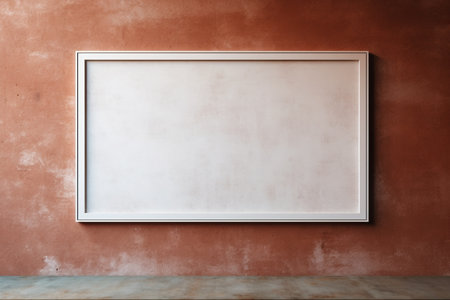 A large empty frame on a textured red wall with a dark floor in the foreground.の素材