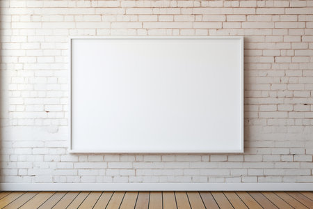 An image of an empty white frame on a white brick wall in a bright room.の素材