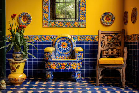 A bathroom featuring a chair in traditional Mexican style, decorated with bright ceramic tiles and wooden furniture.の素材