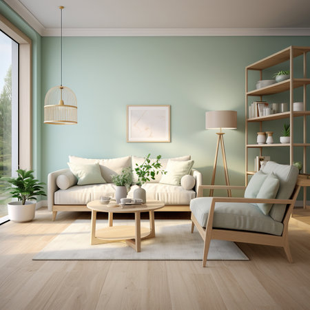 A modern living room with a white sofa, wooden furniture, green plants, and a large window overlooking nature.の素材