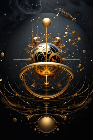 An abstract image in gold and black tones depicting geometric shapes and orbits in the style of futuristic art on a black background.の素材