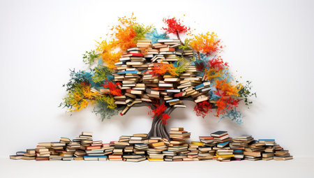 A creative representation of a tree made from books with colorful leaves against a white background.の素材