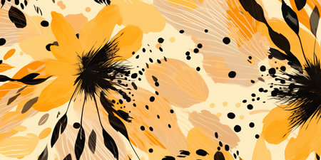 An abstract image with flowers and vibrant orange and black splattersの素材