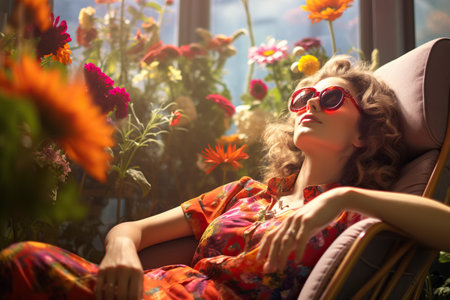 A young Caucasian woman with long blonde hair in sunglasses, relaxing in a chair among blooming plants.の素材