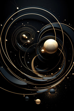 An abstract image with gold and black lines forming a structure reminiscent of the solar system on a black background.の素材
