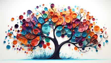 A stylized tree with multicolored swirls on its branchesの素材