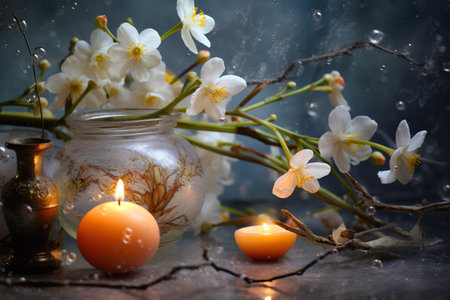 A vase with white flowers and burning candles, creating an atmosphere of tranquility and comfort.の素材