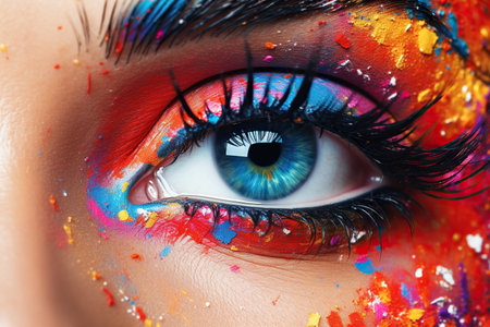 A female eye with bright and creative makeup combining blue, red, and yellow colors, emphasizing beauty and expression.の素材