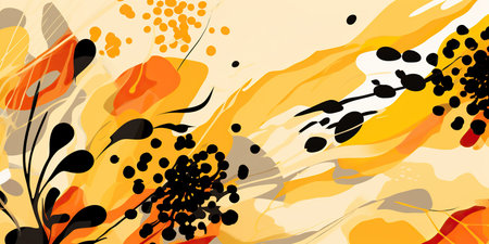 An abstract image with flowers and vibrant orange and black splattersの素材
