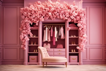A romantic pink wardrobe with floral decoration and elegant furniture.の素材