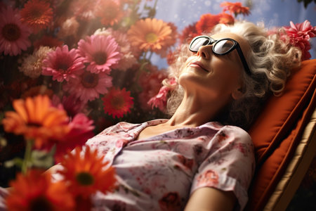 An elderly Caucasian woman with short silver hair in glasses, relaxing among bright flowers.の素材