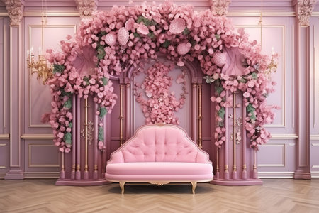 An elegant pink interior with luxurious floral decor and a soft sofa in Victorian style.の素材