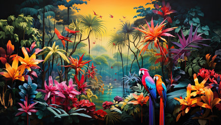 A tropical scene with vivid flowers and parrots in the foregroundの素材