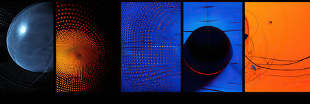Abstract graphic art depicting a transition from orange to blue color with a dotted effect.の素材