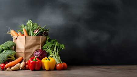 A brown paper bag filled with various fresh vegetables and greens on a dark background.の素材