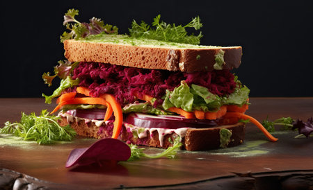 A large colorful sandwich with a variety of vegetables on a dark background. Vegan conceptの素材