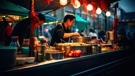 A young Asian man with brunette hair working at a street food stall surrounded by pots and condiments under evening lights.の素材