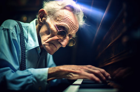 An elderly Caucasian man with glasses passionately plays the piano.の素材