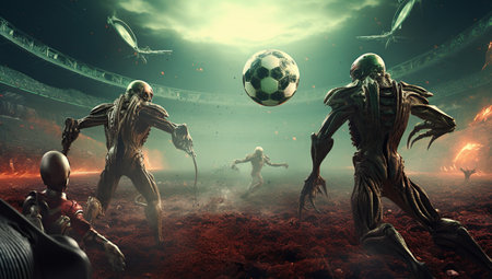 Futuristic soccer match scene featuring alien players at the stadiumの素材