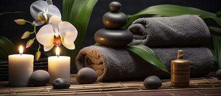 A tranquil spa arrangement with burning white candles, smooth black stones, a white orchid, and soft towels on a bamboo matの素材