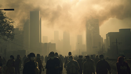 Masked city dwellers walk down the street against the background of smoke and smoky skyscrapers.の素材