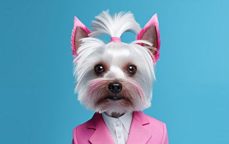 Dog with pink ears and in a pink jacket on a blue background, depicted in the style of a human.の素材