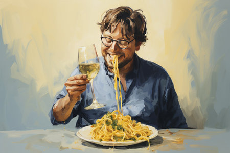 A painterly illustration of a person enjoying spaghetti and a glass of wineの素材