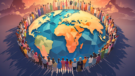An illustration of people of various nationalities standing in a circle around the globe against a sunset sky.の素材