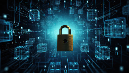 A golden lock against a digital network backdrop, illustrating the concepts of information protection and cybersecurity in the digital world.の素材