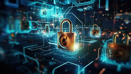A digital lock with a bright glow against a blue digital interface, symbolizing the concepts of cybersecurity and data protection.の素材