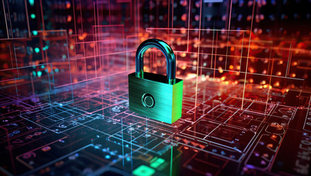 A green digital lock in a stylized cyberspace with grid structure and geometric shapes, expressing the concepts of cybersecurity and data protection.の素材