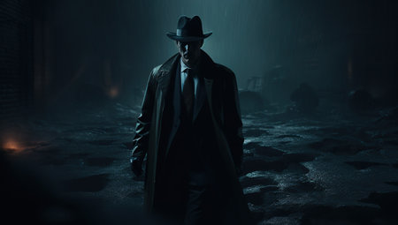 An adult man in a hat and coat stands on a dark, rainy street, illuminated only by street light.の素材