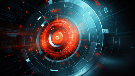The interior of a cybernetic device with a red glowing core in the center, surrounded by a complex network of lines and nodes.の素材