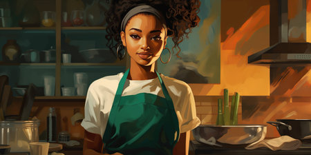 A young African American woman in a white shirt and green apron smiles against the backdrop of a kitchen.の素材